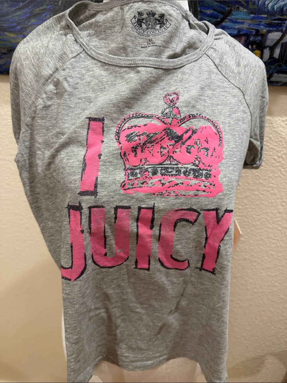 Juicy Couture Y2K Gray Tee with Pink Crown and JUICY Graphic